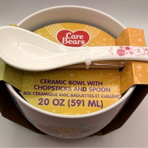 Care Bears Pink White Ceramic Bowl with Chopsticks Spoon 20oz 591ml Animation
